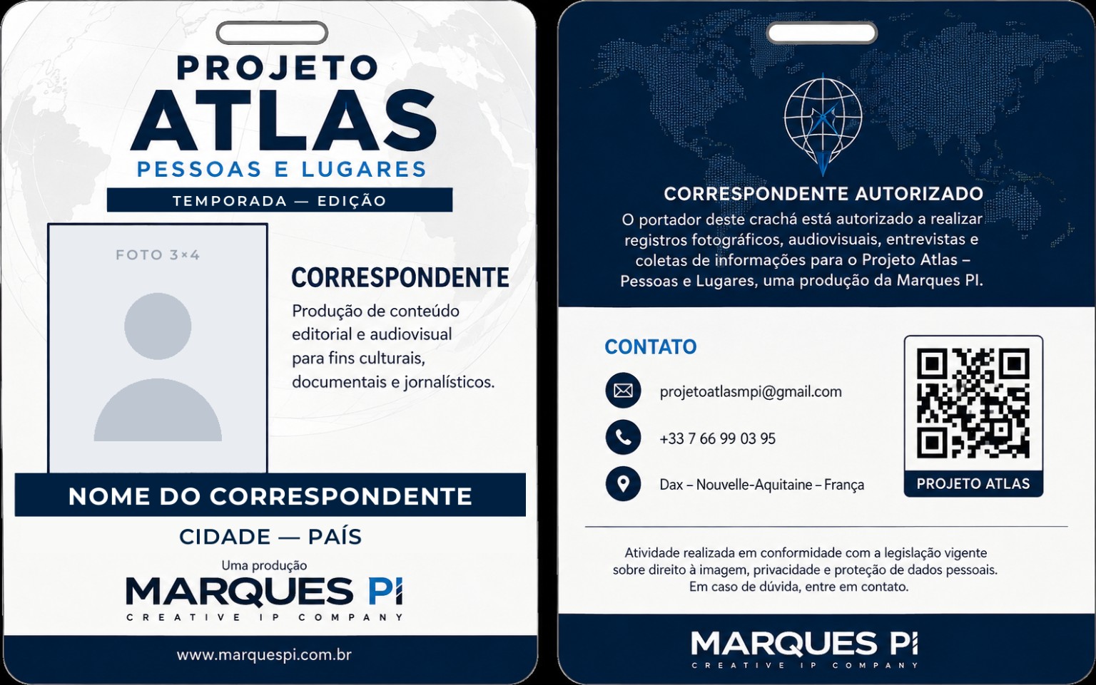 Modelo do crachá de correspondente do Projeto Atlas — Pessoas e Lugares, frente e verso, com campos em branco